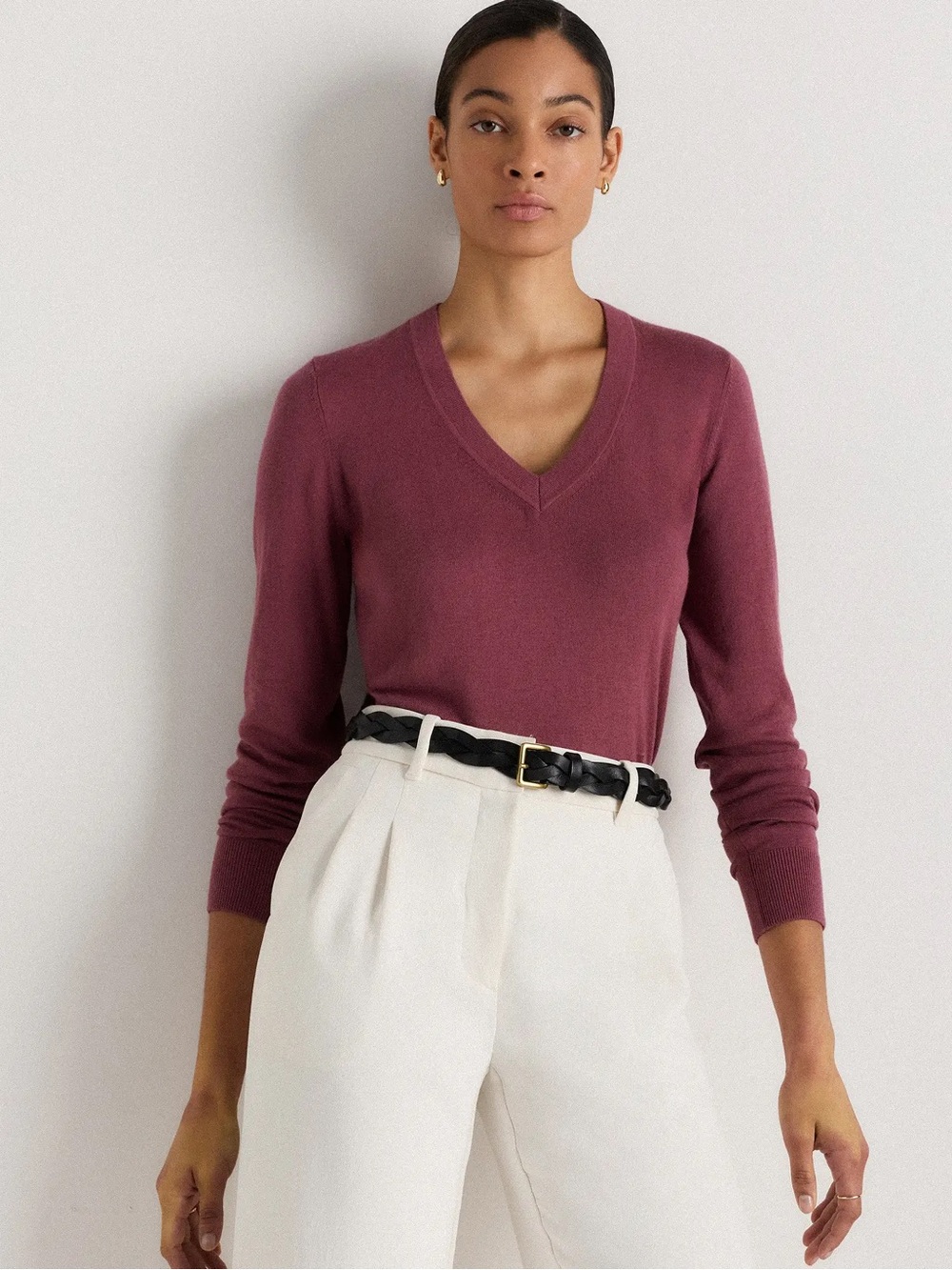 Quince lightweight cotton cashmere V neck sweater “crushed berry purple”